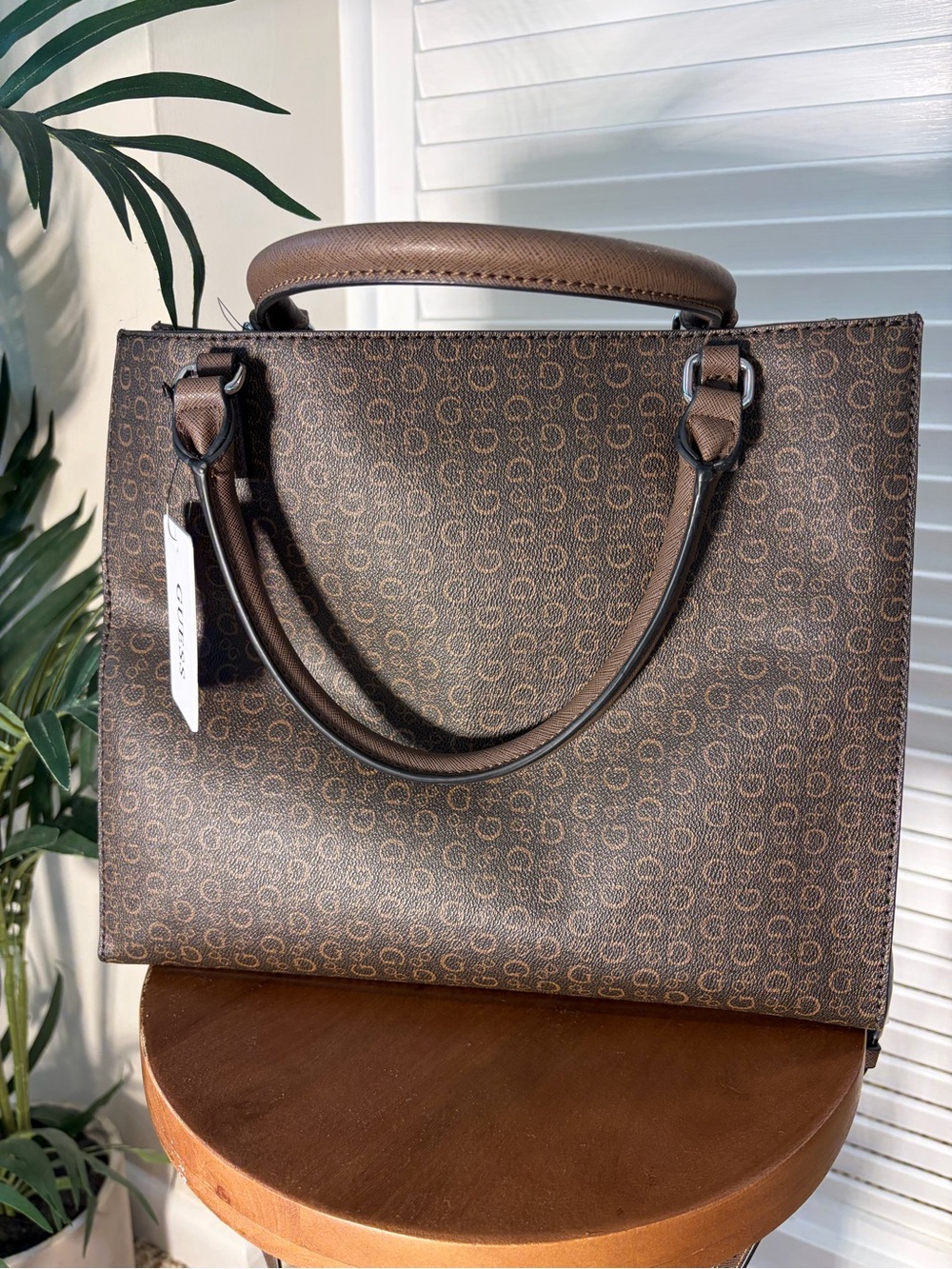 Guess Brown Monogram Satchel with Silver Accents - Picture 3 of 8